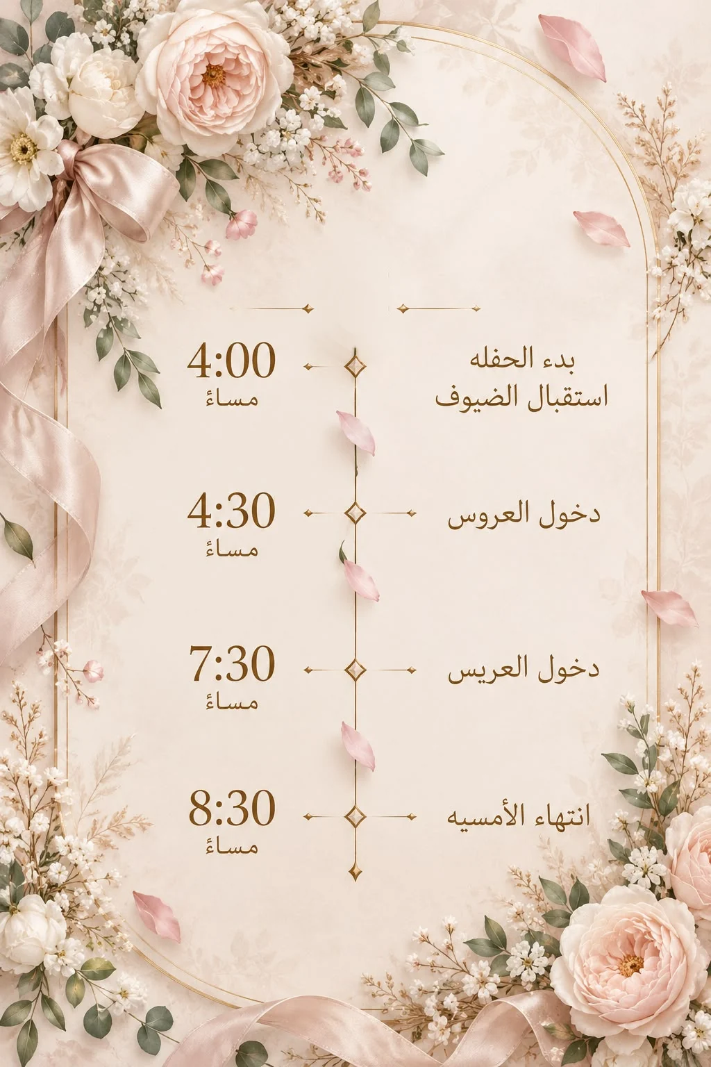 بدء الحفلة واستقبال الضيوف 4:00 مساءً — دخول العروس 4:30 مساءً — دخول العريس 7:30 مساءً — انتهاء الأمسية 8:30 مساءً